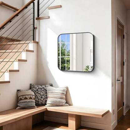 Black Bathroom Mirror, 18 x 18 inch Square Mirrors for Wall, Metal Frame Rounded Corner Vanity Mirror for Over Sinks Modern Bedroom Living Room Horizontal Or Vertical Mounting