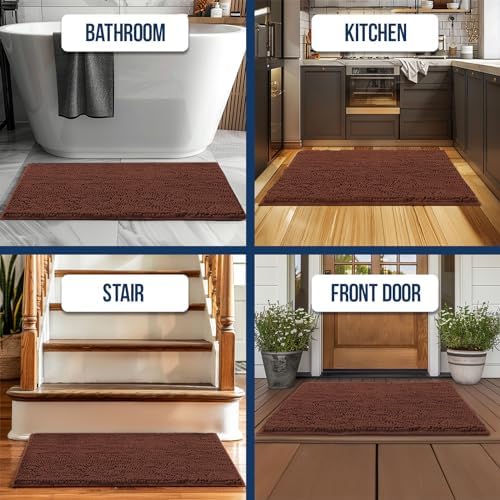 Muddy Mat® | Chenille Bathroom Rugs Quick Dry Microfiber Mats Non Slip Washable, Extra Thick, Soft and Highly Absorbent Bath Mats for Bathroom, Kitchen, and Shower Floor - Brown 24"x59"