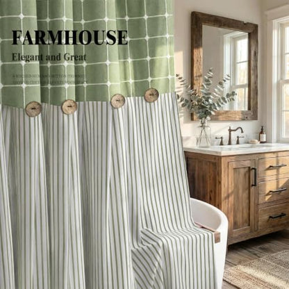 Farmhouse Shower Curtain Button Plaid-Green-Green Stripe 72"W x 72"L