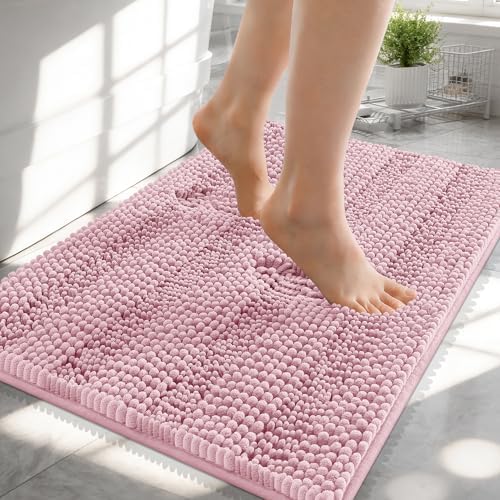 OLANLY Thick Small Bathroom Rugs 24x16, Soft Chenille Bath Rugs, Dusty Rose