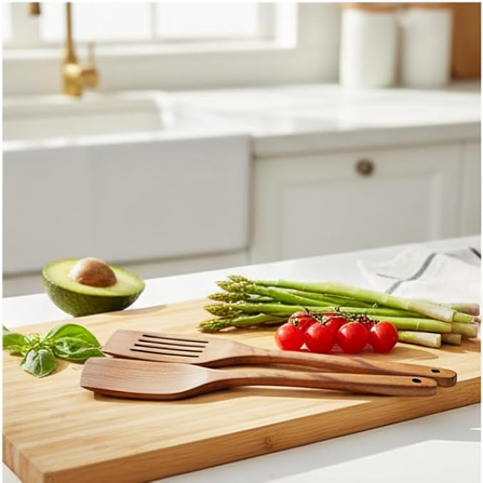 Natural Wooden Spoon Set for Cooking - 2 Piece Mango Wood Utensils Set Includes Spatula & Serving Spoons - Nonstick Safe Kitchen Tools