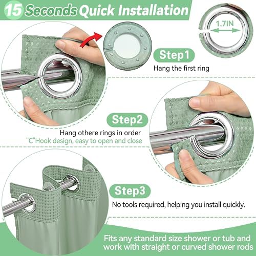 Conbo Mio No Hook Sage Green Waffle Weave Shower Curtain with Snap in Liner Set, Hotel Luxury Shower Curtains for Bathroom with See Through Top Window, Waterproof, Washable 71W x 74H