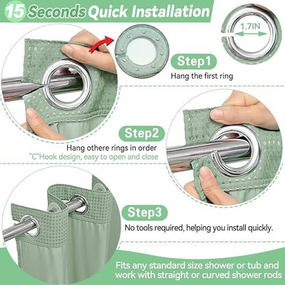 Conbo Mio No Hook Sage Green Waffle Weave Shower Curtain with Snap in Liner Set, Hotel Luxury Shower Curtains for Bathroom with See Through Top Window, Waterproof, Washable 71W x 74H