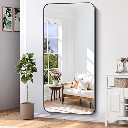 Bathroom Mirror, 60 x 30 inch Black Rectangle Wall Mirror, Metal Frame Rounded Corner Vanity Mirror, Large Wall Mounted Mirrors for Over Sink Bedroom Living Room Horizontal Or Vertical Mounting