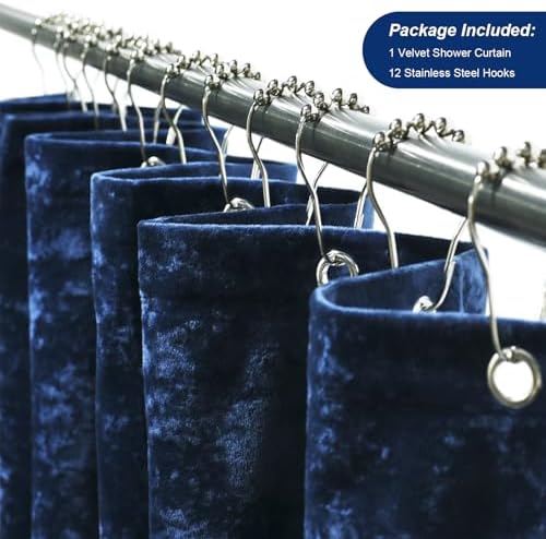 TAMGHO Crushed Velvet Shower Curtain, Navy Blue Shower Curtain Set with 12pc Polished Nickel Hooks, Machine Washable, Waterproof Lined Bathroom Curtain 72x72