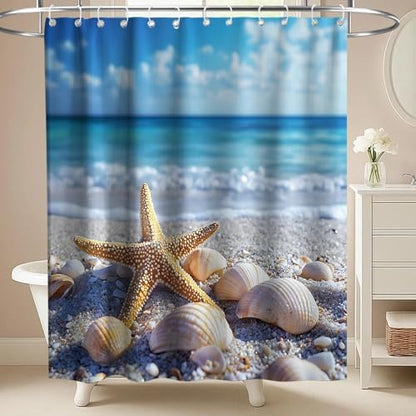Modern Beach Ocean Shower Curtain Summer Tropical Aesthetic Seashell Nature