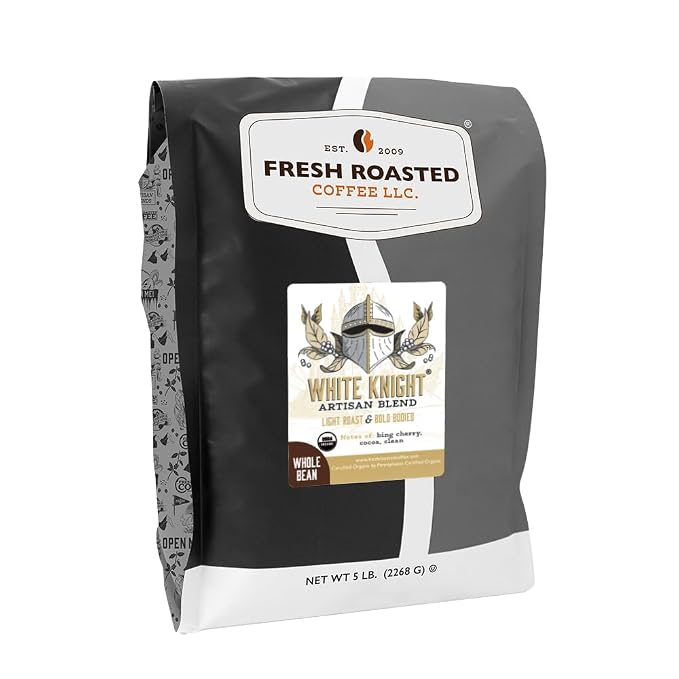 Fresh Roasted Coffee, Organic White Knight Whole Bean Coffee, Light Roast, USDA Organic, Kosher, 5 lb (80 oz)