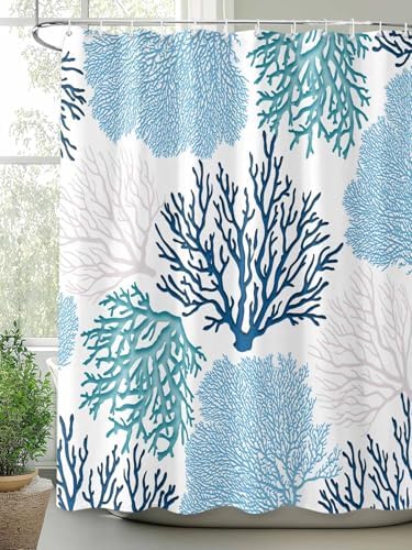 Shower Curtain Bathroom Set Classic Sea Blue Coral Waterproof Shower Curtains with Grommets Hooks Abstract Marine Life Scenery Privacy Bath Curtain for Bathtub Decor 48x72in