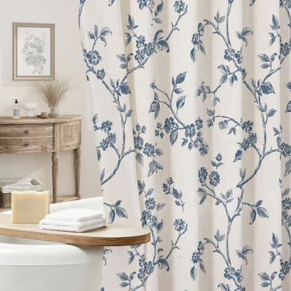 MitoVilla Blue Linen Floral Shower Curtain for Bathroom, 72 x 72