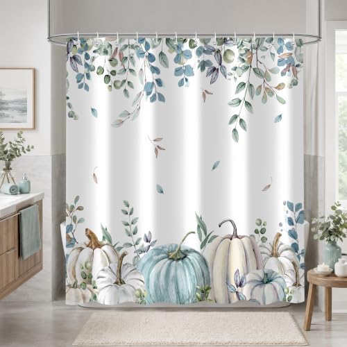 Blue Pumpkin Shower Curtain, 72 x 84 Inch Watercolor White Pumpkin Eucalyptus Bathroom Curtain, Fall Farmhouse Bath Curtain for Tub Shower Decor, Multiple Sizes