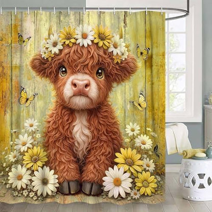 Cute Cow Shower Curtain, Farmhouse Rustic Yellow Floral Daisy Highland Cow Shower Curtains for Bathroom, Calf Country Farm Animal Garden Plant Fabric Bathroom Decor with Hooks, 54x72 inch