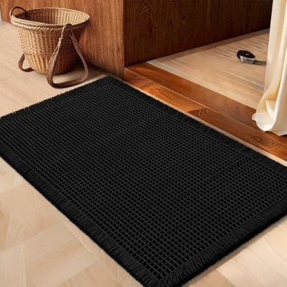 IM HOME Waffle Bath Mat Black 36"x24", Boho Woven Modern Bath Mat Rugs, Absorbent Non Slip Bathroom Rugs, Soft Washable Bath Rugs with Tassels for Bathroom, Bedroom, Kitchen, Shower, Tub