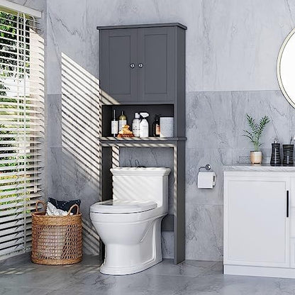 Over the Toilet Storage Cabinet, Bathroom Storage Cabinet Over Toilet with 2 Wood Doors, Freestanding Space Saver, Adjustable Shelf & Open Shelf, Grey