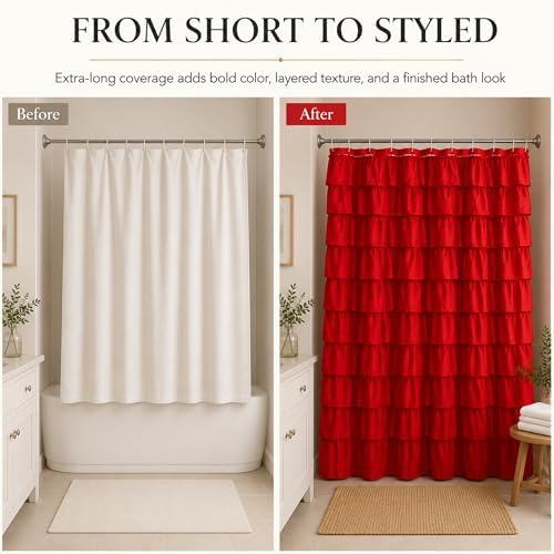 Red Ruffle Shower Curtain for Bathroom, 72x84, Christmas Bathroom Decor
