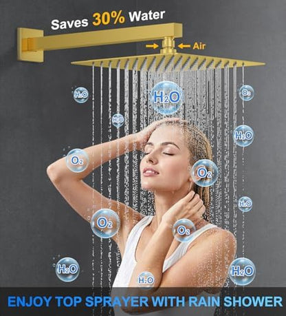 Woindo Shower Faucet Set, 10" Wall Mount Rainfall Shower System with 2 Rain Shower Head and Multi-function Handheld Head Push Button Diverter Shower Faucet Trim Kit