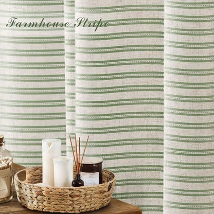 Farmhouse Striped Shower Curtain Horizontal Green Vintage Linen 72"W X 72"L