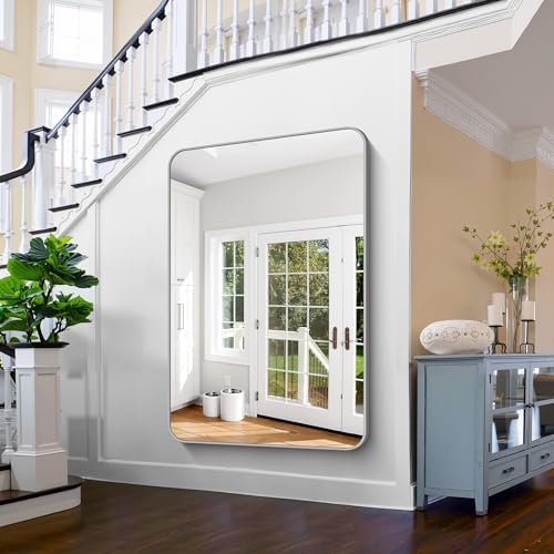 FORBATH 60x40 Inch Silver Bathroom Mirror for Over Sink, Large Rectangular Wall Mirror with Metal Frame, Rounded Corners for Bathroom, Bedroom, Entryway Decor (Horizontal or Vertical)