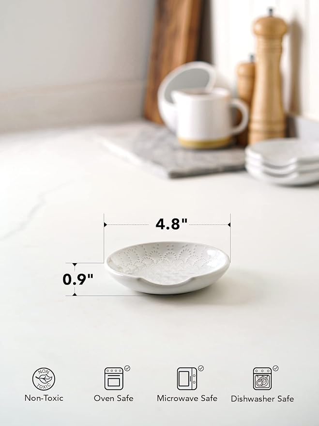 LE TAUCI Ceramic Spoon Rests for Stove Top, Set of 4 Modern Farmhouse Spoon Holder for Kitchen Counter & Coffee Bar, 4.8 Inch Heat Resistant Utensil Rest for Cooking, Embossed, White