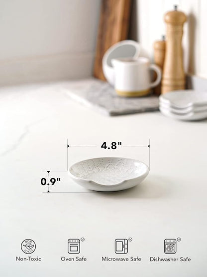 LE TAUCI Ceramic Spoon Rests for Stove Top, Set of 4 Modern Farmhouse Spoon Holder for Kitchen Counter & Coffee Bar, 4.8 Inch Heat Resistant Utensil Rest for Cooking, Embossed, White