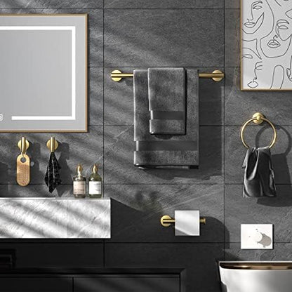 Bathroom Hardware Set Brushed Gold, 10pcs Towel Bar Set Including 2pcs16 inch Towel Bars, Toilet Paper Holders, Towel Rings and 4pcs Robe Towel Hooks