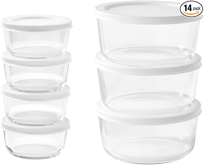 14-Piece Glass Food Storage Containers Set (7 Containers + 7 BPA-Free Lids) | 1-Cup & 4-Cup, Leakproof | Microwave, Freezer, Oven & Dishwasher Safe | Ideal for Meal Prep & Pantry Organization, White