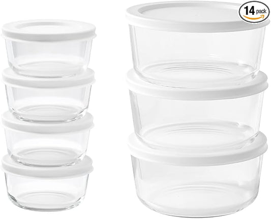 14-Piece Glass Food Storage Containers Set (7 Containers + 7 BPA-Free Lids) | 1-Cup & 4-Cup, Leakproof | Microwave, Freezer, Oven & Dishwasher Safe | Ideal for Meal Prep & Pantry Organization, White