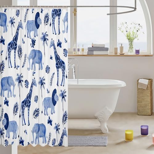 Feelyou Safari Animal Shower Curtain Kids Boys Elephant Lion Giraffe Bathroom Waterproof Accessories with 12 Hooks 72x78 Inches Hunter Blue Rust Wildlife Room Decor
