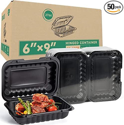 50-Pack 27oz 9x6 Black To Go Container - Shrink Wrapped No Pre-Wash | Sturdy BPA Free | Reusable & Secure Seal | Microwave, Freezer Safe Boxes For Restaurant, Catering, BBQ & Leftovers
