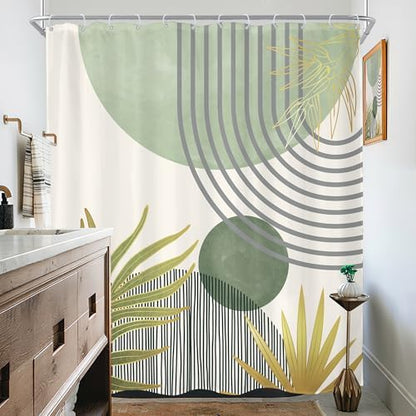 Mid Century Mint Green Boho Abstract Modern Bathroom Shower Curtain Set