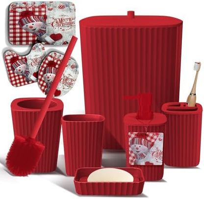 Clara Clark Bathroom Set - Christmas Bathroom Decor, Xmas Bathroom Accessories Set, 9PC Bathroom Accessory Set, Christmas Bathroom Sets with Bathroom Rugs, Toilet Brush, Trash Can & Soap Dispenser