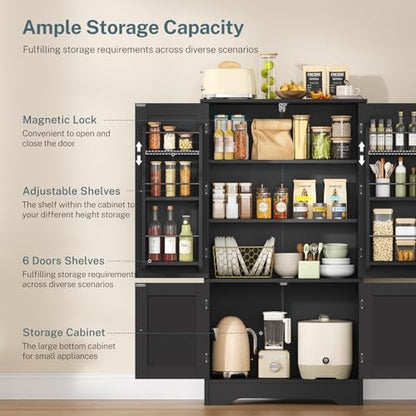 43”H Pantry Cabinet with 4 Doors, Kitchen Cabinet with 6 Door Shelves
