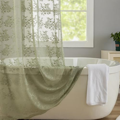 Sage Green Shower Curtain for Bathroom, 72x72, Lace with Attached Valance,