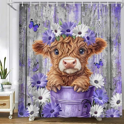 Cute Highland Cow Shower Curtain for Bathroom, Farmhouse Rustic Wooden Cattle Bathroom Decor Set, Funny Daisy Floral Flowers and Butterfly Waterproof Fabric Bath Curtains with 12 Hooks 60x72in
