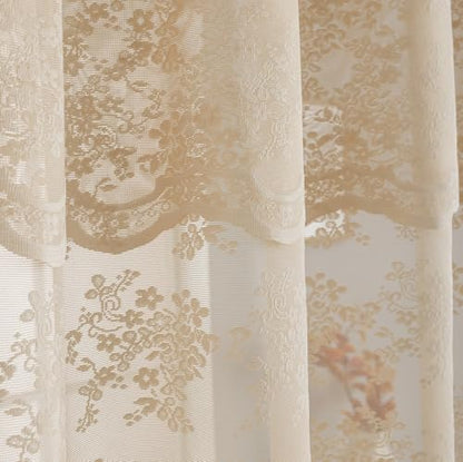 Beige Shower Curtain 72x72, Cottage Core Lace with Attached Valance