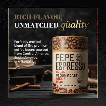 Pepe Coffee Organic Medium Roast Whole Bean Espresso 10 oz 1-pack by Chef Pepe