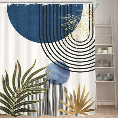 KOMLLEX Mid Century Blue Green Boho Extra Long Bathroom Shower Curtain Set