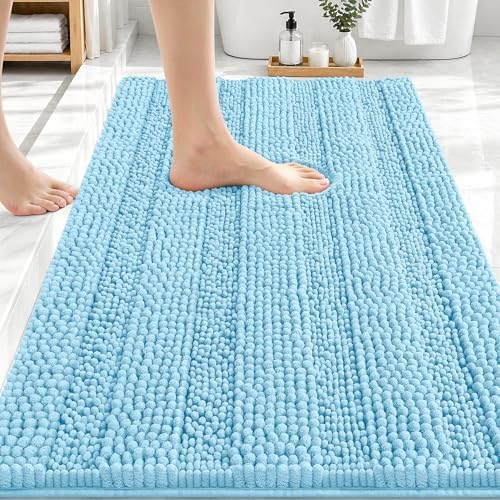 OLANLY Thick Bathroom Rugs 30x20, Soft Chenille Striped Bath Rugs, Sky Blue