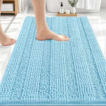 OLANLY Thick Bathroom Rugs 30x20, Soft Chenille Striped Bath Rugs, Sky Blue