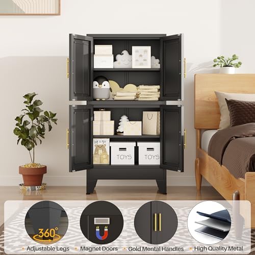 winiowa 47" Tall Kitchen Pantry Cabinet, Metal Storage Cabinet with Doors and Adjustable Shelves, Black Freestanding Pantry Cabinet for Kitchen, Dining Room, Living Room, Laundry Room, Bathroom