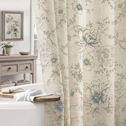 Farmhouse Floral Vintage Shower Curtain for Bathroom, Light Blue and Tan