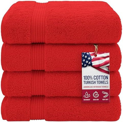 American Veteran Towel, 100% Cotton Turkish Bath Towels for Bathroom 4 Pack, 27x54 Extra Large Premium Soft Drying Bathroom Towels, Red