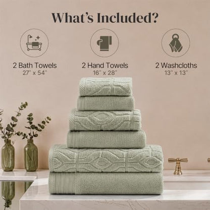 Modern Threads 6 Piece Bath Towel Set – Bathroom Towel Set with 2 Bath Towels, 2 Hand Towels & 2 Washcloths – 100% Cotton, Soft & Absorbent – Geometric (Soft Olive)