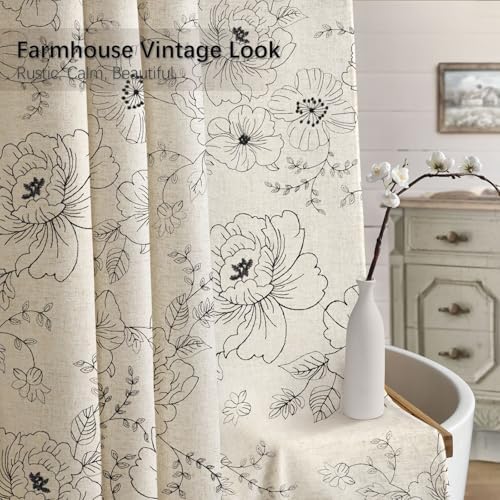 Farmhouse Floral Vintage Shower Curtain for Bathroom, Black Embroidered