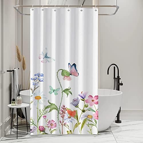 AWERT Small Half Size Stall Shower Curtain with 6 Hooks 36 inch Shower Stall Curtain 36 x 72 Butterfly Wildflowers for Bathroom/RV and Camper (Butterfly)