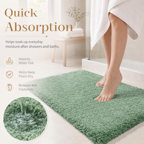 Yimobra Fluffy Plush Bath Rug, Super Shaggy Soft Comfortable Non Slip, Water Absorbent Microfiber Bath Mat, Dries Quickly, Machine Washable Thick Bathroom Rugs for Shower, 44" X 24", Pure Light Green