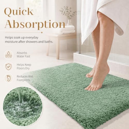 Yimobra Fluffy Plush Bath Rug, Super Shaggy Soft Comfortable Non Slip, Water Absorbent Microfiber Bath Mat, Dries Quickly, Machine Washable Thick Bathroom Rugs for Shower, 70" X 24", Pure Light Green