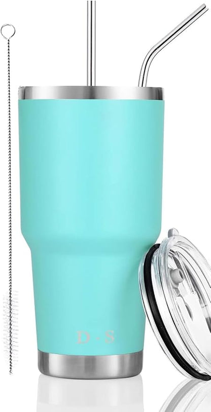 D·S 30oz Mint Tumbler Stainless Steel Double Wall Vacuum Insulated Mug with Straw and Lid, Cleaning Brush for Cold and Hot Beverages