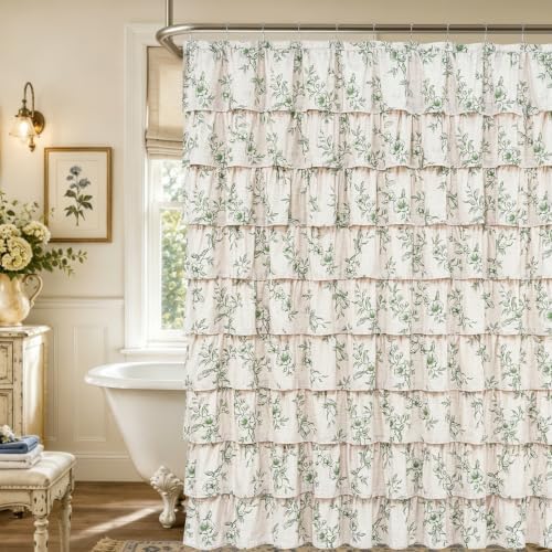 Extra Long Farmhouse Ruffle Shower Curtains with Green Floral, 72"Wx90"L