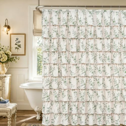 Extra Long Farmhouse Ruffle Shower Curtains with Green Floral, 72"Wx84"L