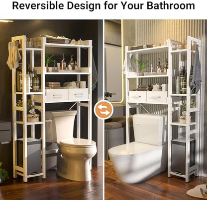 Besiost Over The Toilet Storage, 7 Tier Bathroom Organizer with Reversible Side Shelf and 2 Fabric Drawers, Adjustable Freestanding Rack Space Saver for Small Spaces, White